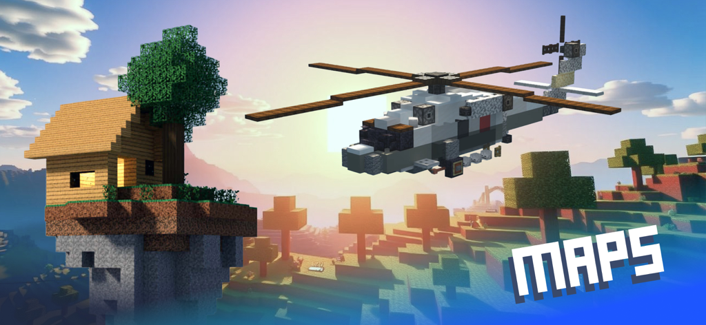 Addons for Minecraft PE ㅤ - Vista previa de mapas de Minecraft PE con un helicóptero y una casa en una isla flotante