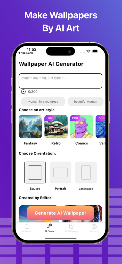 Interface para gerar papéis de parede de IA a partir de prompts de texto com diferentes estilos de arte e opções de layout.