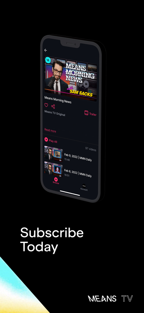 Mobile interface of the Means TV app featuring the Means Morning News show