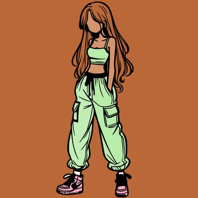 girl in baggy pants crop top and long hair