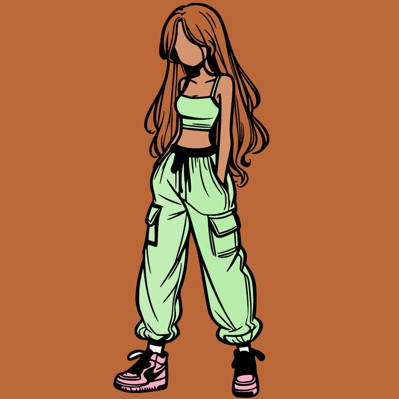 girl in baggy pants crop top and long hair