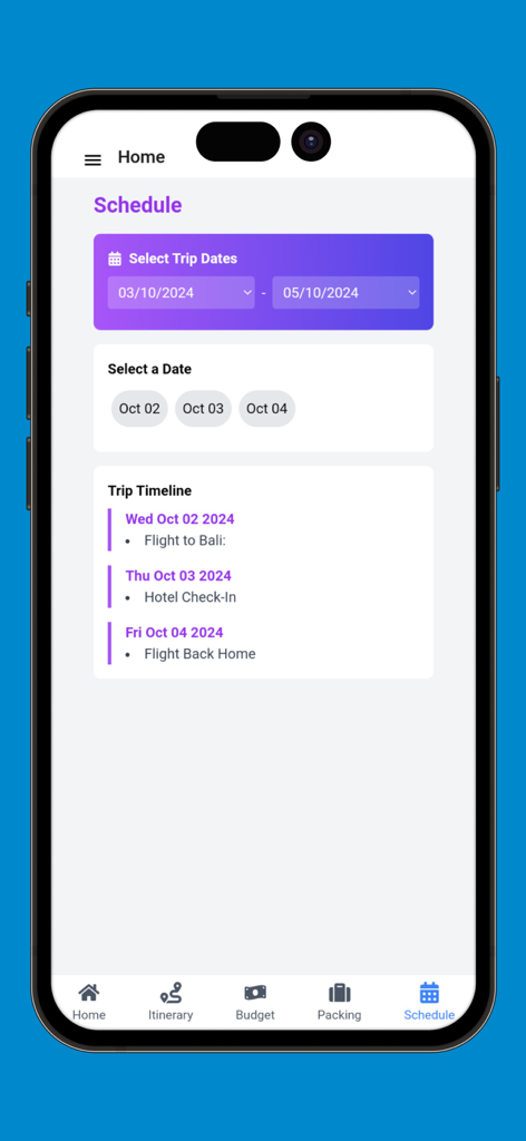 발리 여행에 대한 항공편 및 호텔 체크인 세부 정보가 포함된 여행 일정 및 타임라인을 보여주는 여행 플래너 앱의 모바일 인터페이스.