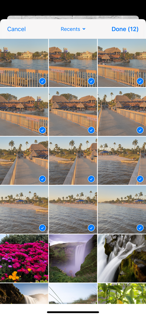 A photo gallery selection screen in Photo Stitcher 2.0 with several landscape images selected for stitching