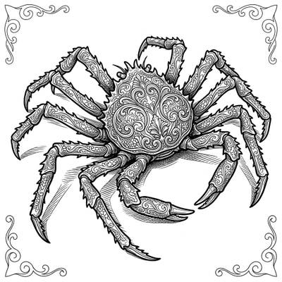 Embark on a unique artistic journey with this captivating Gothic Spider Crab coloring page. Its shell and legs are adorned with intricate Victorian-inspired patterns, offering a mesmerizing challenge for colorists of all levels.