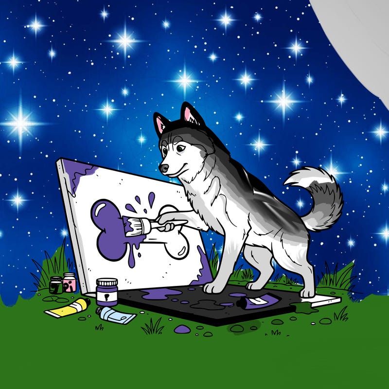 realistic siberian dog painting a picture of a bone with its paws