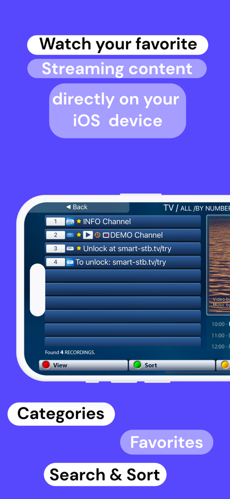 Screenshot of Smart STB app on iOS displaying a channel list with search sort and favorites options