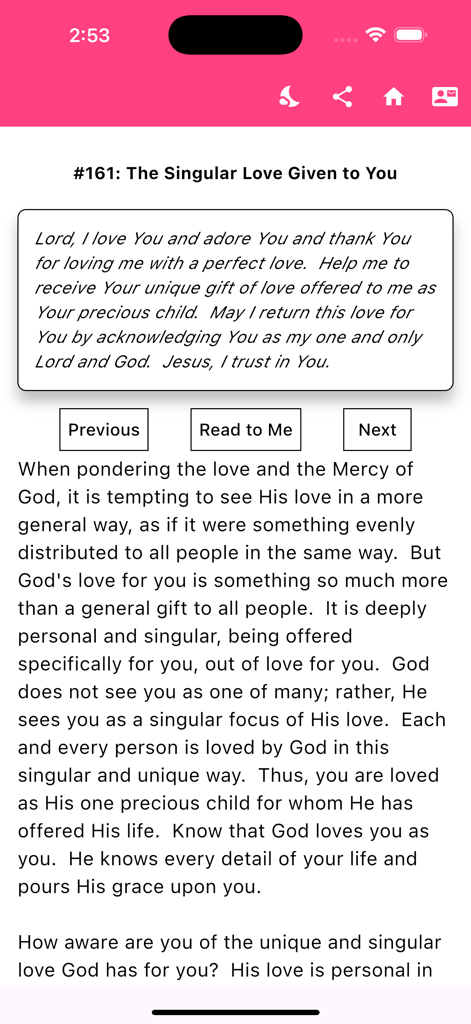 Reflections on Divine Mercy - Daily prayer and reflection interface in the Reflections on Divine Mercy mobile app.