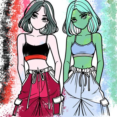 two girls with crop top with baggy pants