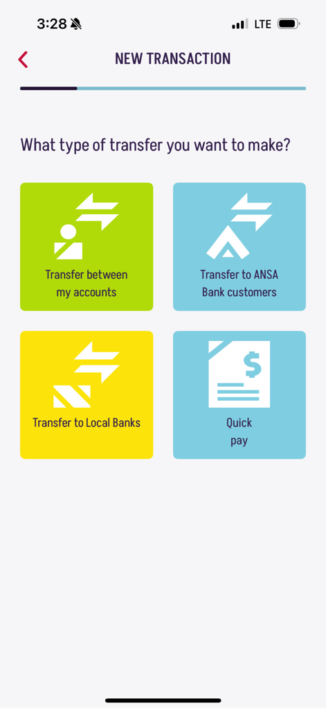 ANSA Bank Mobile - Pantalla de la aplicación ANSA Bank Mobile que muestra opciones para transferencias de dinero entre cuentas y pago rápido