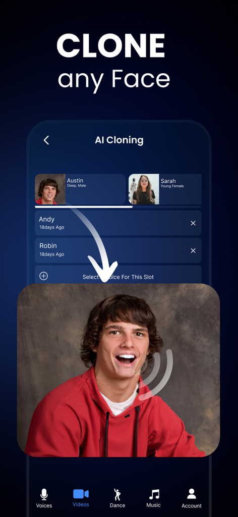 Voice & Face Cloning: Clony AI - Interface do aplicativo Clony AI exibindo recursos de clonagem de rosto e sincronização labial