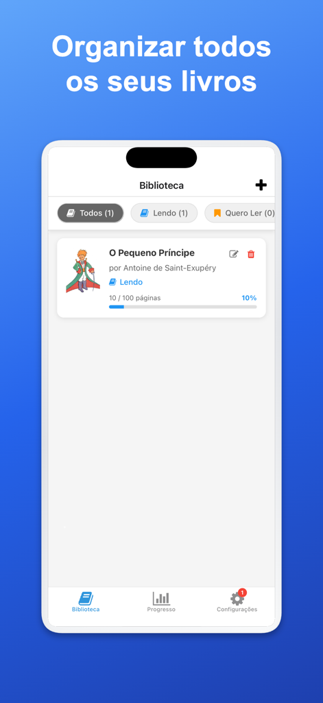 My Readings - Pantalla de biblioteca digital de la app Mis Lecturas mostrando una entrada de libro con una barra de progreso y pestañas de organización