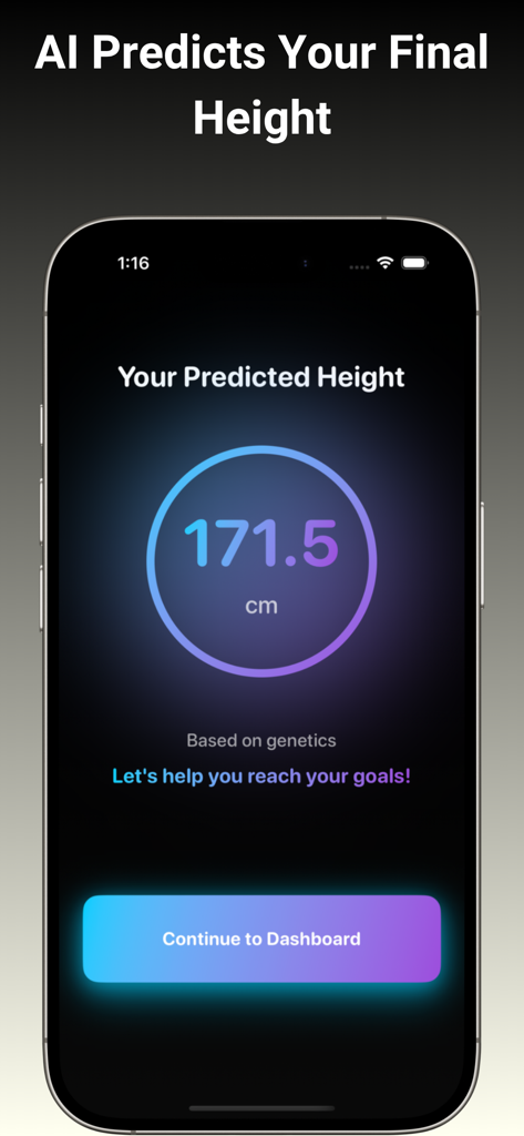 GenTallアプリのインターフェース。遺伝子とライフスタイルに基づいてAIが予測した身長171.5cmを表示。