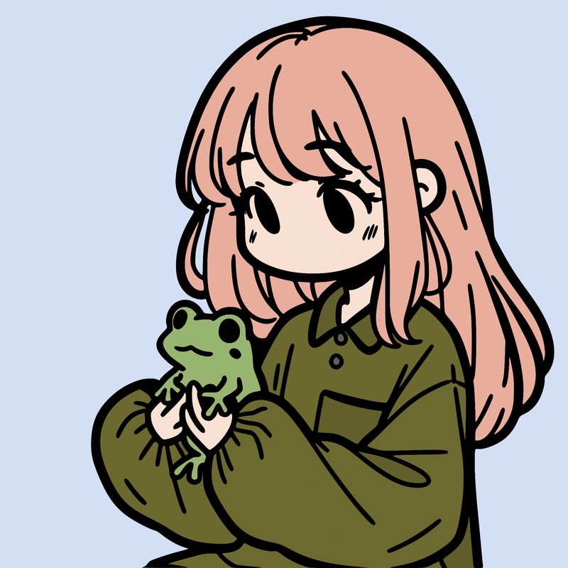 girl with long hair and a oversized shirt. and she is holding a frog
