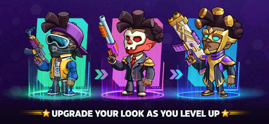 Battle Stars: 4v4 TDM & BR - Drei Charakter-Skin-Evolutionen im Battle Stars Handyspiel, die zeigen, wie du deinen Look beim Aufleveln verbesserst.