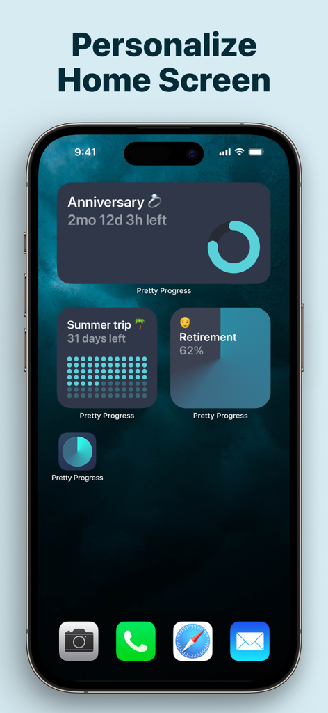 Countdown - Pretty Progress - iPhone home screen displaying personalized countdown widgets for anniversary, summer trip, and retirement progress.