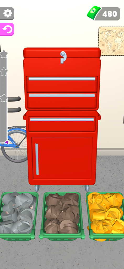 A red rolling utility cabinet with baskets of gray brown and yellow items to organize in a puzzle game