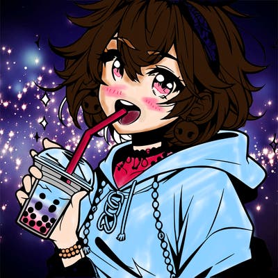 hot baddie anime girl drinking boba and biting the straw