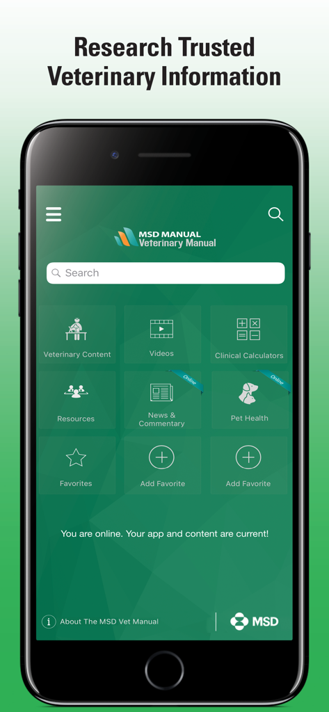 The home screen of the MSD Vet Manual app showing veterinary content and clinical calculators