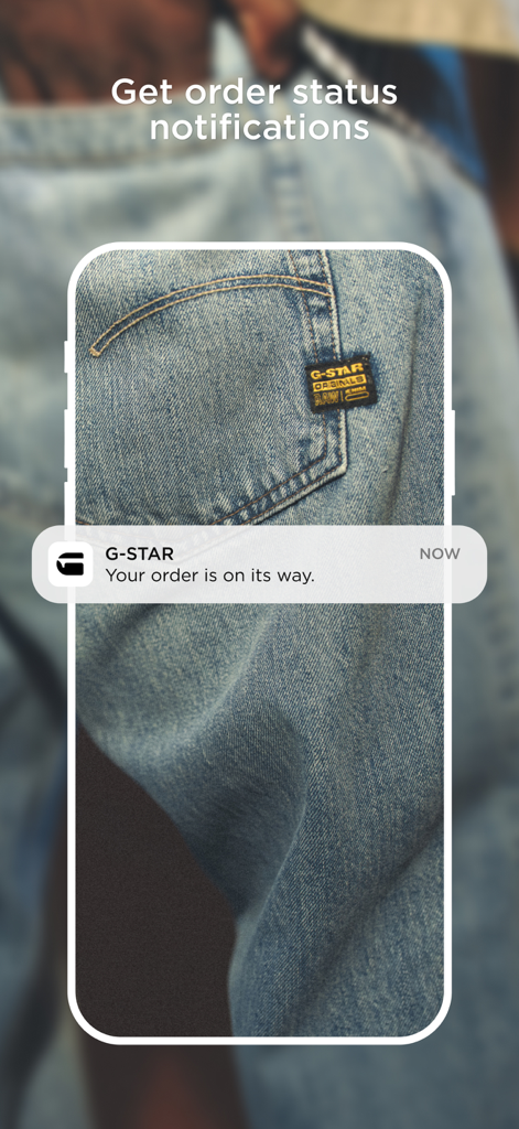 Application mobile G-Star montrant une notification push pour les mises à jour du statut de la commande