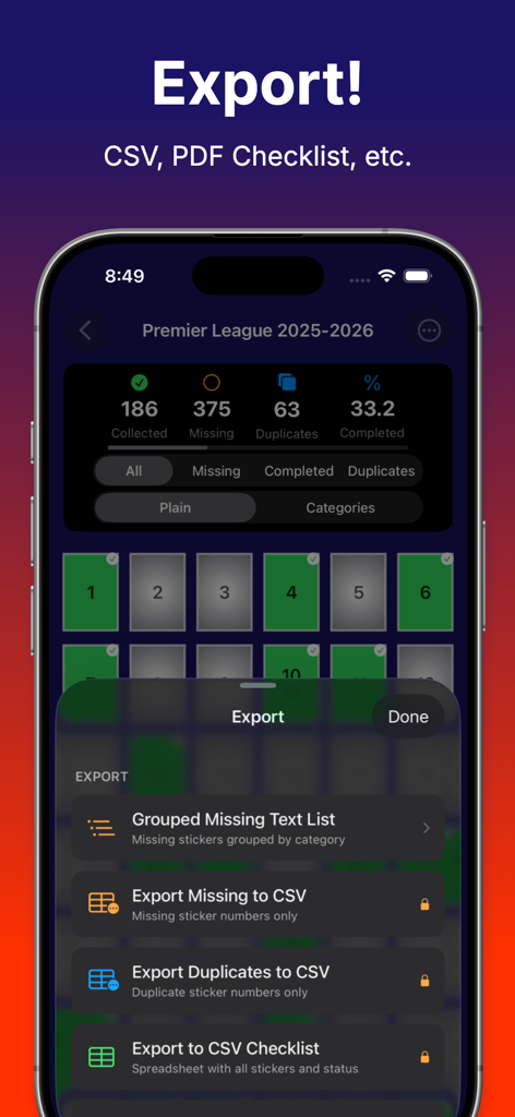 Sticker Collector 26 - Captura de pantalla de la aplicación Sticker Collector 26 que muestra el menú de exportación para listas de cromos en CSV y PDF