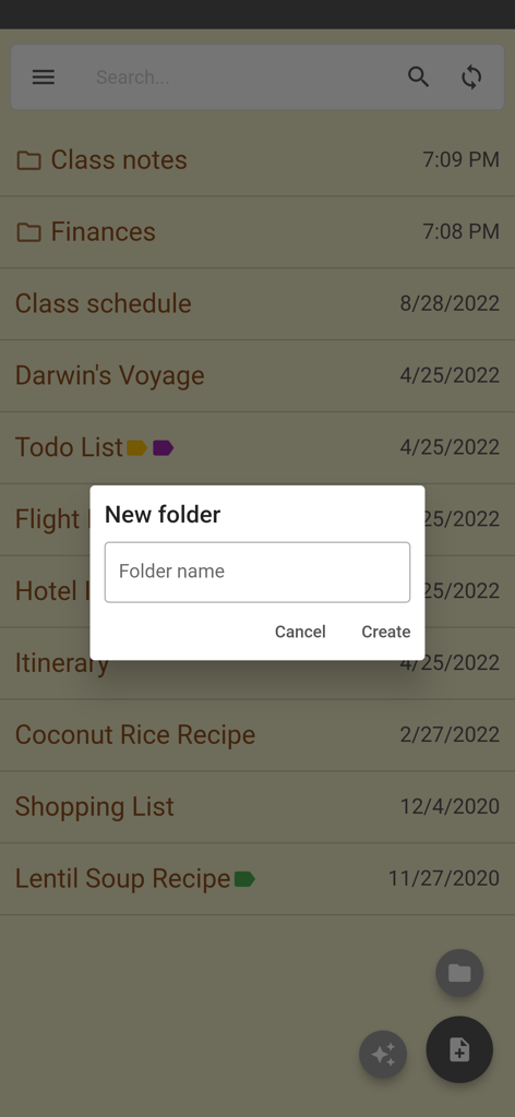 Écran de création de nouveau dossier dans l'application Inkpad Notepad