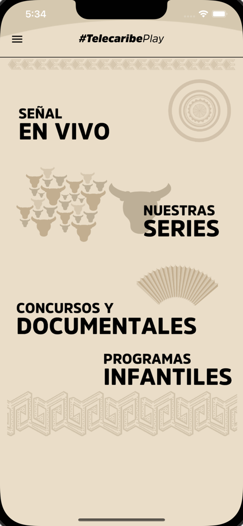 Telecaribe - Interfaz de la aplicación móvil Telecaribe Play mostrando opciones de menú para transmisión en vivo, series, documentales y programación infantil.