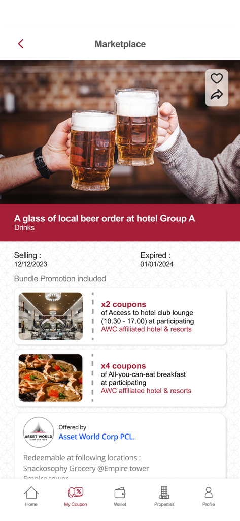 Pikul - Pikul app marketplace screen showing local beer and hotel bundle coupons for lounge access and breakfast