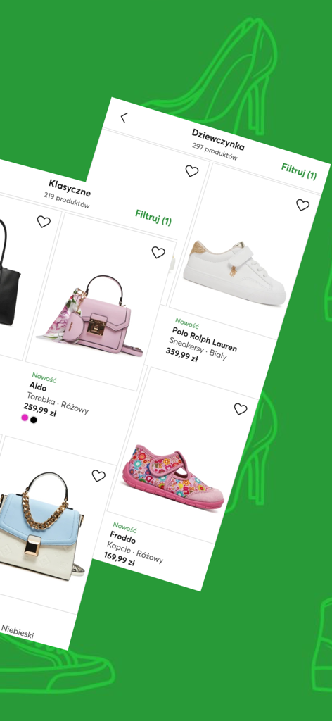 Mobile screens of the efootwear app showing collections of shoes and handbags for women and children.