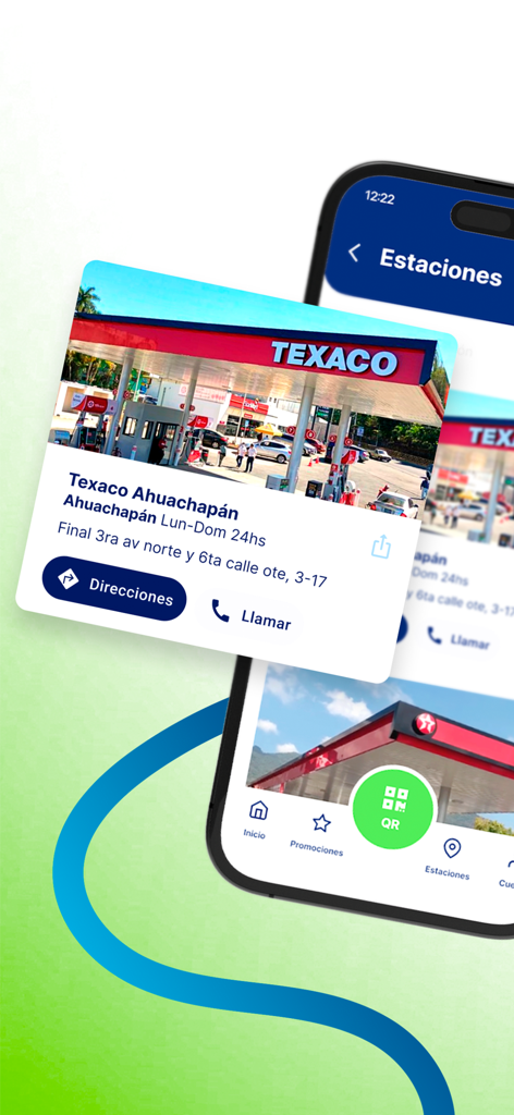 Texaco ガソリンスタンドの住所や道順ボタンなどの場所の詳細を示すモバイルアプリインターフェース