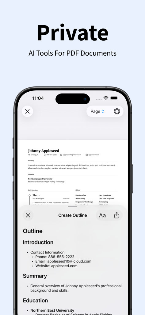 PDF Loupe - Private AI Reader - Una captura de pantalla de la aplicación PDF Loupe mostrando la función de esquema de IA para un documento en un iPhone