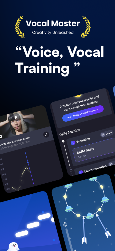 Vocal Up app interface showing daily vocal exercises pitch tracking and gamified singing lessons