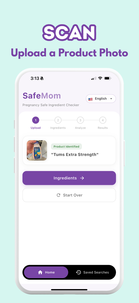 SafeMom - Food & Skincare Scan - SafeMom mobile app screen showing the first step of uploading a product photo for a pregnancy safe ingredient check