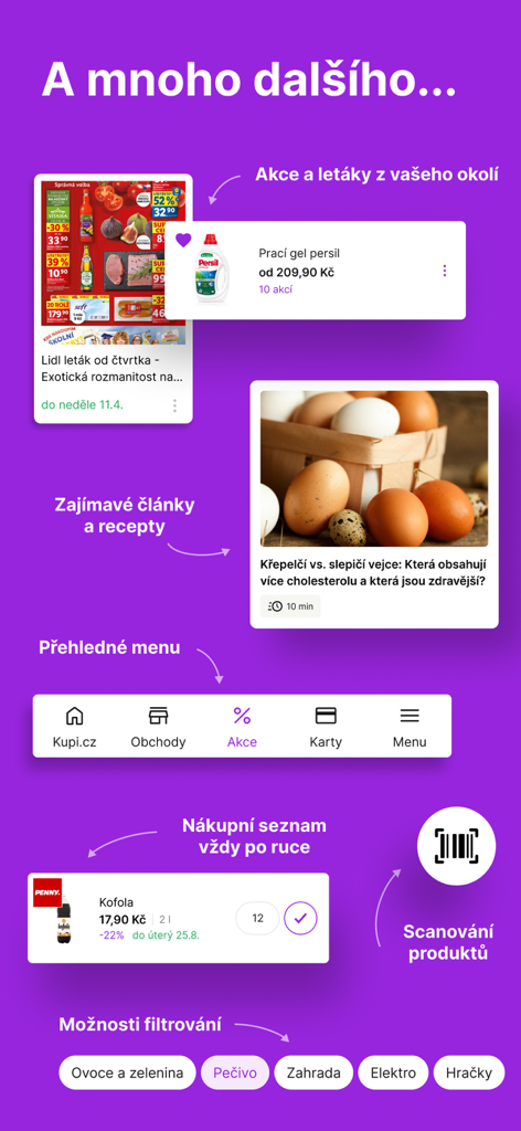Kupi.cz - Rádce před nákupy - Overview of Kupi app features like flyers shopping lists and barcode scanning