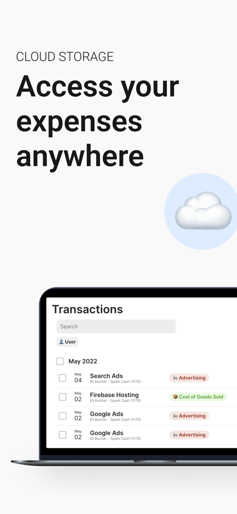 Receipt Scanner: Easy Expense - Laptop screen displaying business transactions with cloud storage synchronization text