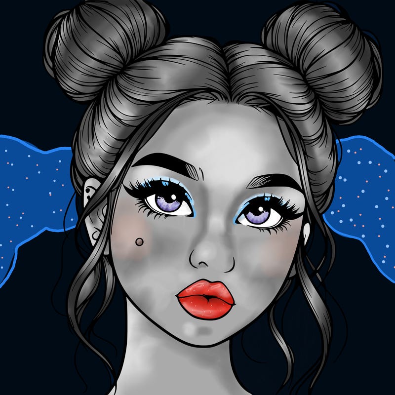 realistic girl with two buns on her hair and lips