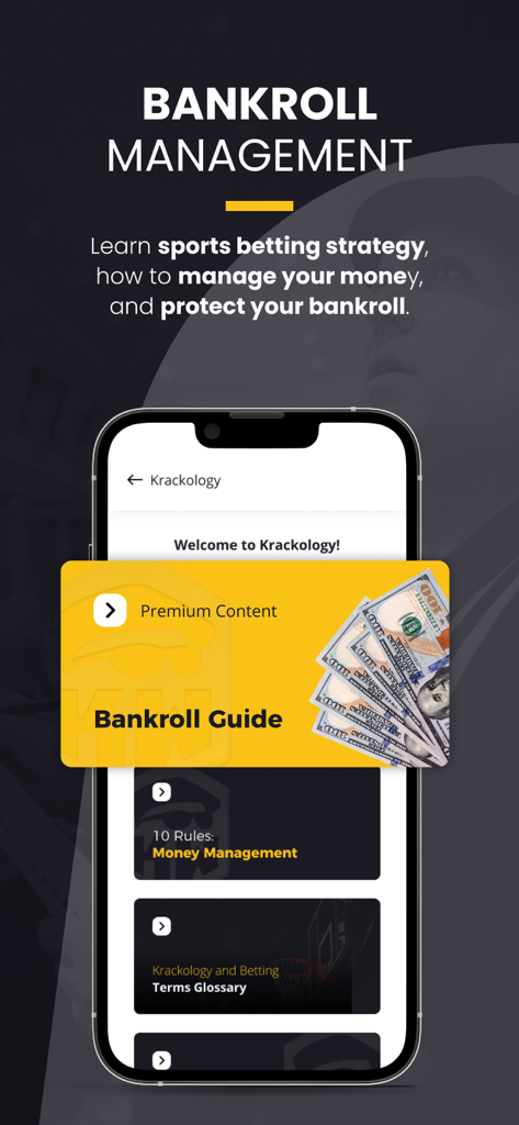KrackWins - KrackWins app interface displaying bankroll management guides and sports betting strategies.