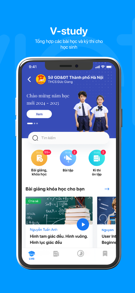 eNetViet Học sinh - eNetViet Hoc sinh mobile app V-study dashboard showing study materials homework and online lectures