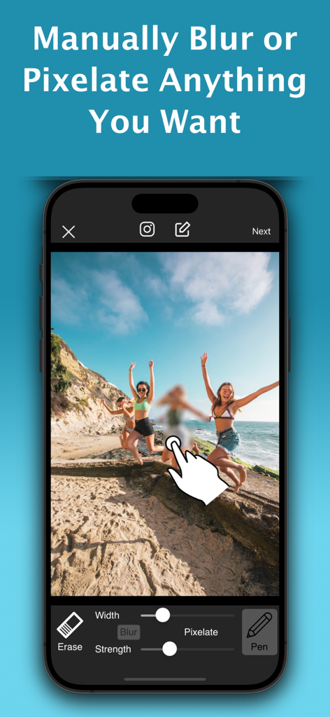 Smartphone screen showing manual blur and pixelate tools being used on a beach photo