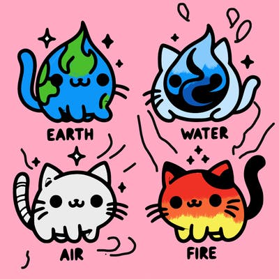 4 cats that represent the different elements, earth, water, air, and fire
