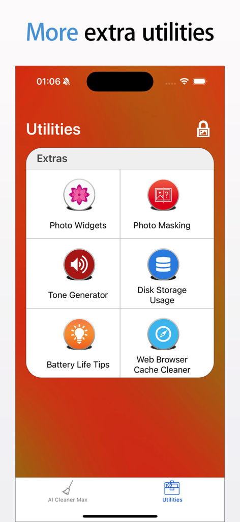 AI Cleaner Max-Clean Up Device - AI Cleaner Max의 추가 유틸리티 기능(사진 위젯, 사진 마스킹, 디스크 저장 공간 모니터 등)을 보여주는 화면