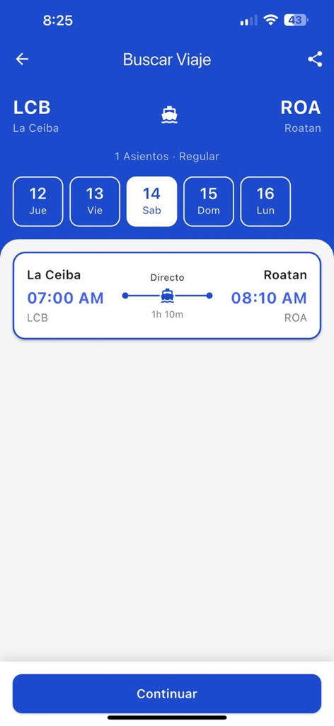 Galaxy Wave ferry booking screen showing the trip schedule from La Ceiba to Roatan