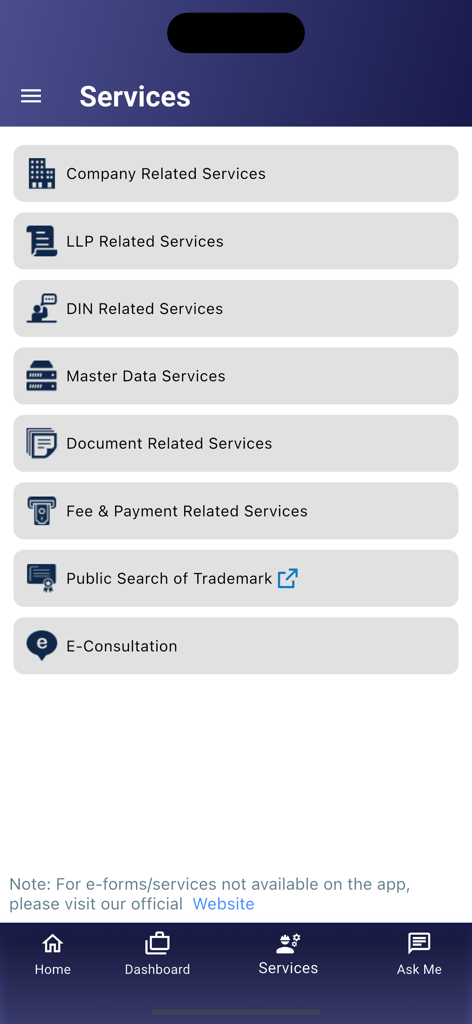 MCA India - MCA India mobile app services screen showing various options like company services llp services and master data services