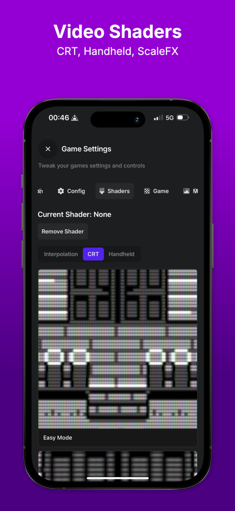 Afterplay - Game Emulator - Afterplay emulator app showing video shader settings for CRT and handheld screens.
