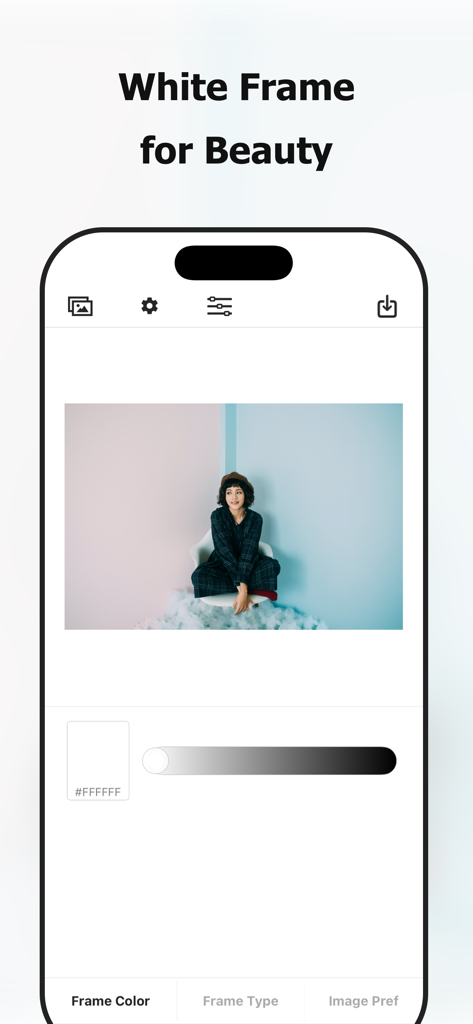 Square Fit Photo: PicFitter - Mobile app interface of PicFitter showing the white frame editing feature with a portrait photo