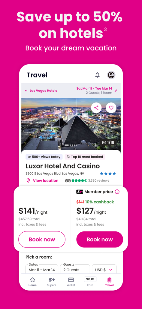 Super.com - Save, Earn, Travel - Interfaz de la app móvil Super.com mostrando tarifas de hotel con descuento y recompensas para miembros para una estancia en Las Vegas