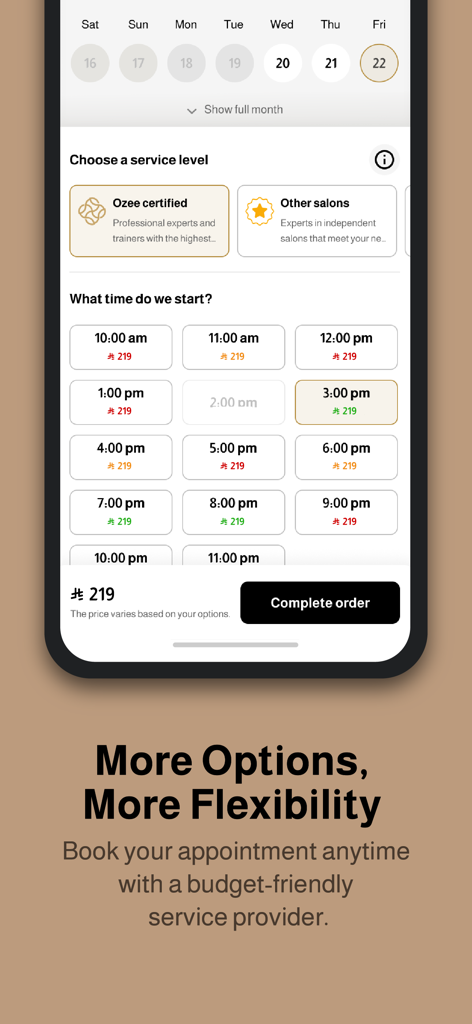 Ozee app screen for selecting beauty service levels and scheduling appointment times