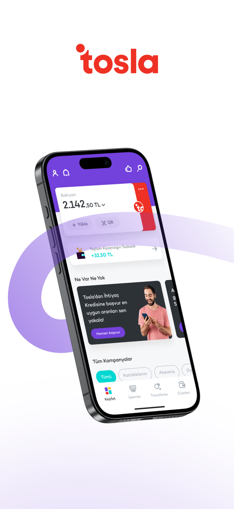 A smartphone screen displaying the Tosla app dashboard with account balance and rewards information