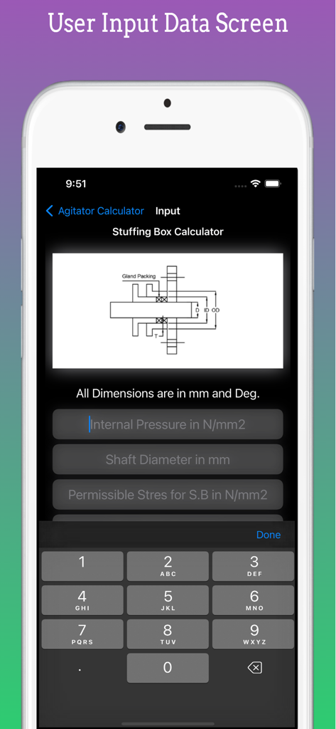 Agitator Design Pro - Stuffing Box Calculator input screen in Agitator Design Pro app with technical diagram and input fields