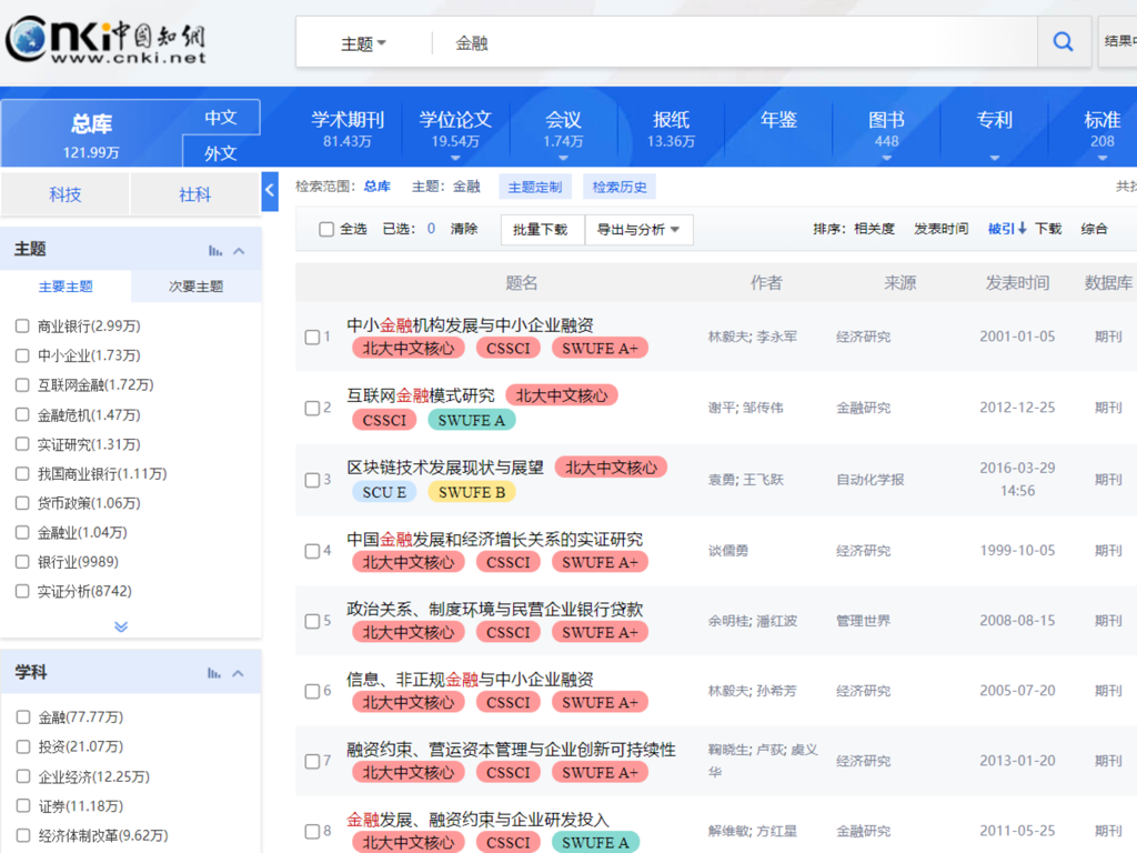 CNKI search results page with journal ranking tags displayed by easyScholar.