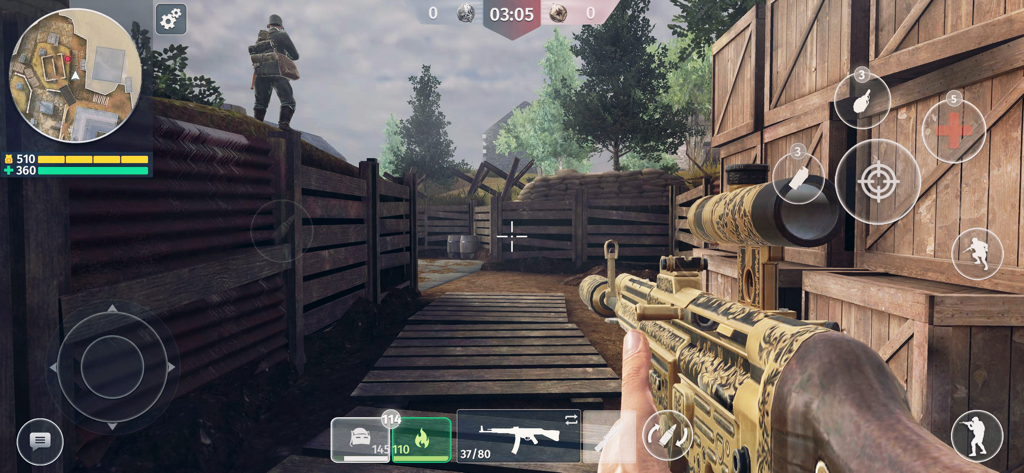 First-person perspective of a WWII soldier holding a historical weapon in a trench battle arena.